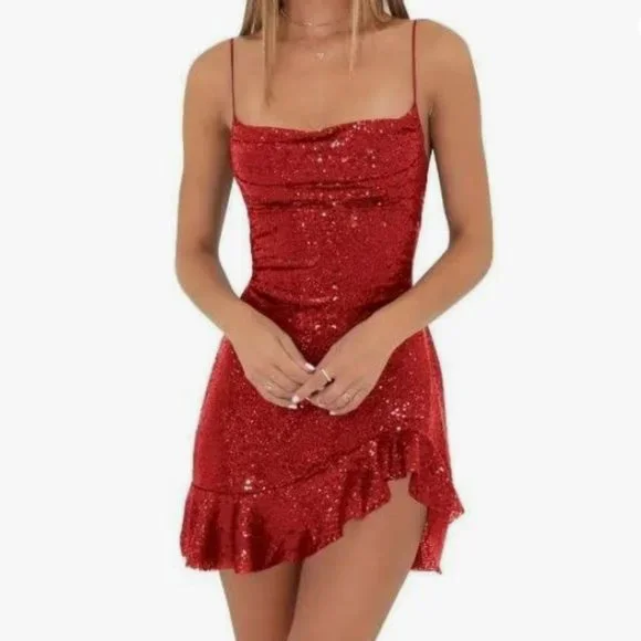 red sequin cowl neck dress Nora Sequin Cowl Neck Mini Dress